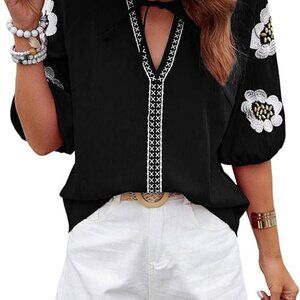 Mexican Floral Short Sleeve Boho Tops Bow Tie V Neck Peasant Blouse Loose Summer